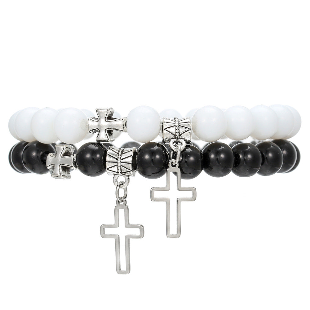 Wholesale Cross Pendant Black Onyx Imitation Pearl Beaded Bracelet
